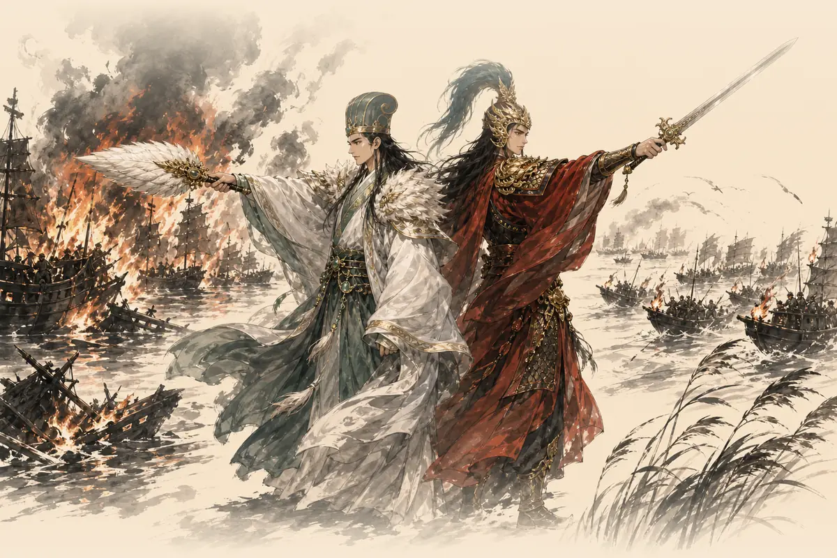 Ink-wash art of the battle of Red Cliffs